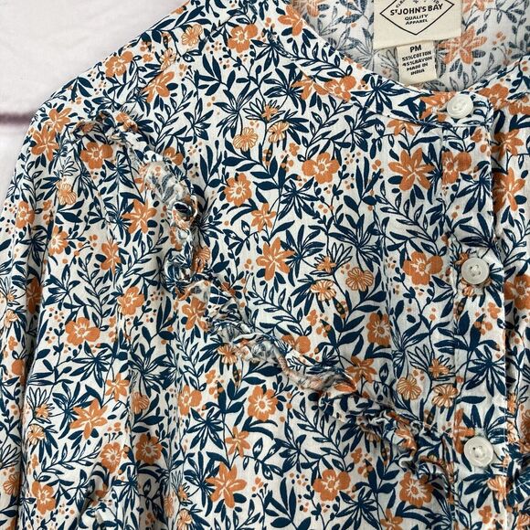 St John’s Bay Top SZ MP Ruffle Green Yellow Floral Prairie Modest Cottage Core - Picture 3 of 9